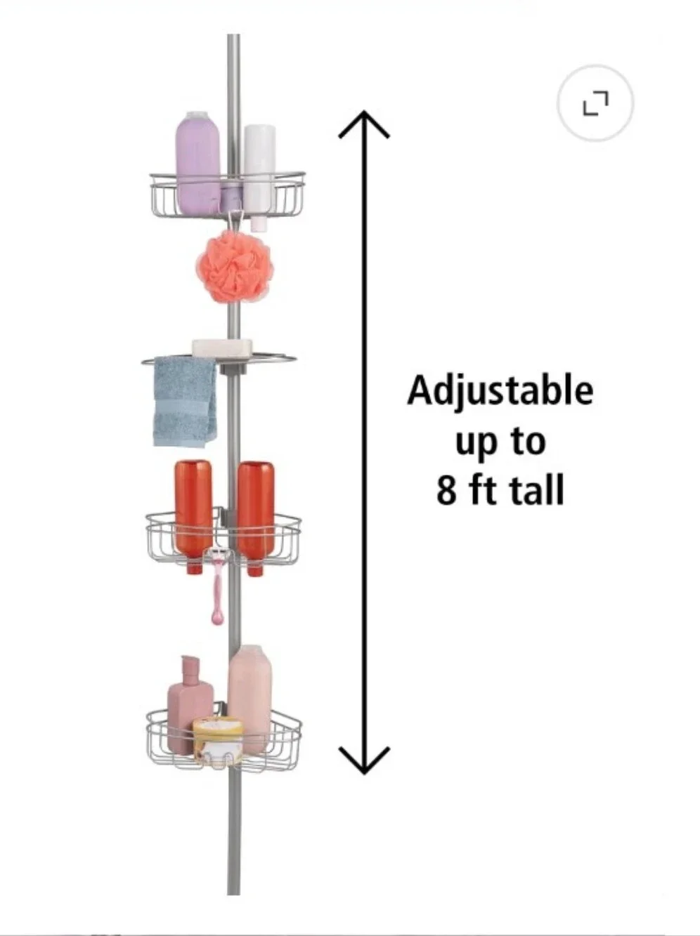 >  Mainstays Satin Nickel Shower Caddy Tension Rod with Silver Finish